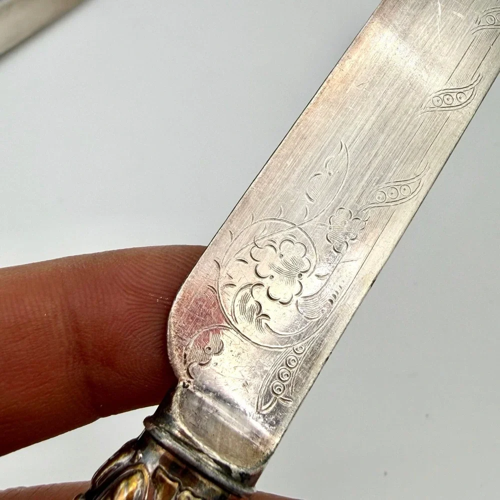 Antique Victorian Mother of Pearl Engraved Dessert Knives Set of 6 Silverplate